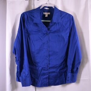 Chico's Blue Cotton No Iron V-Neck Button-Up Blouse Women's 2 (US 12)